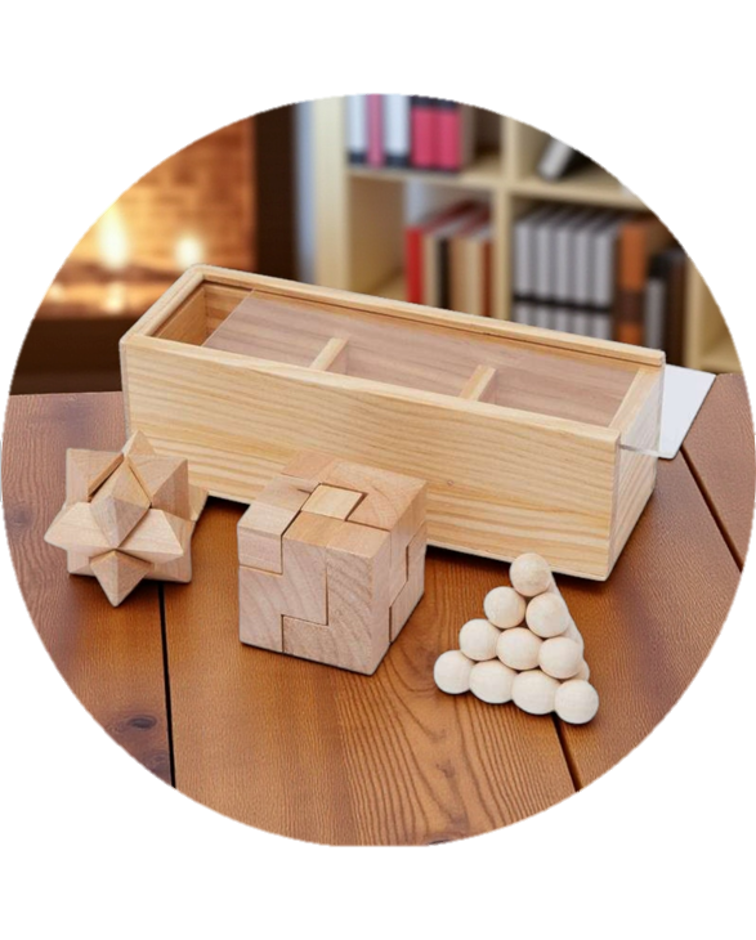 Le Curieux - Set de casse-têtes en bois gravé